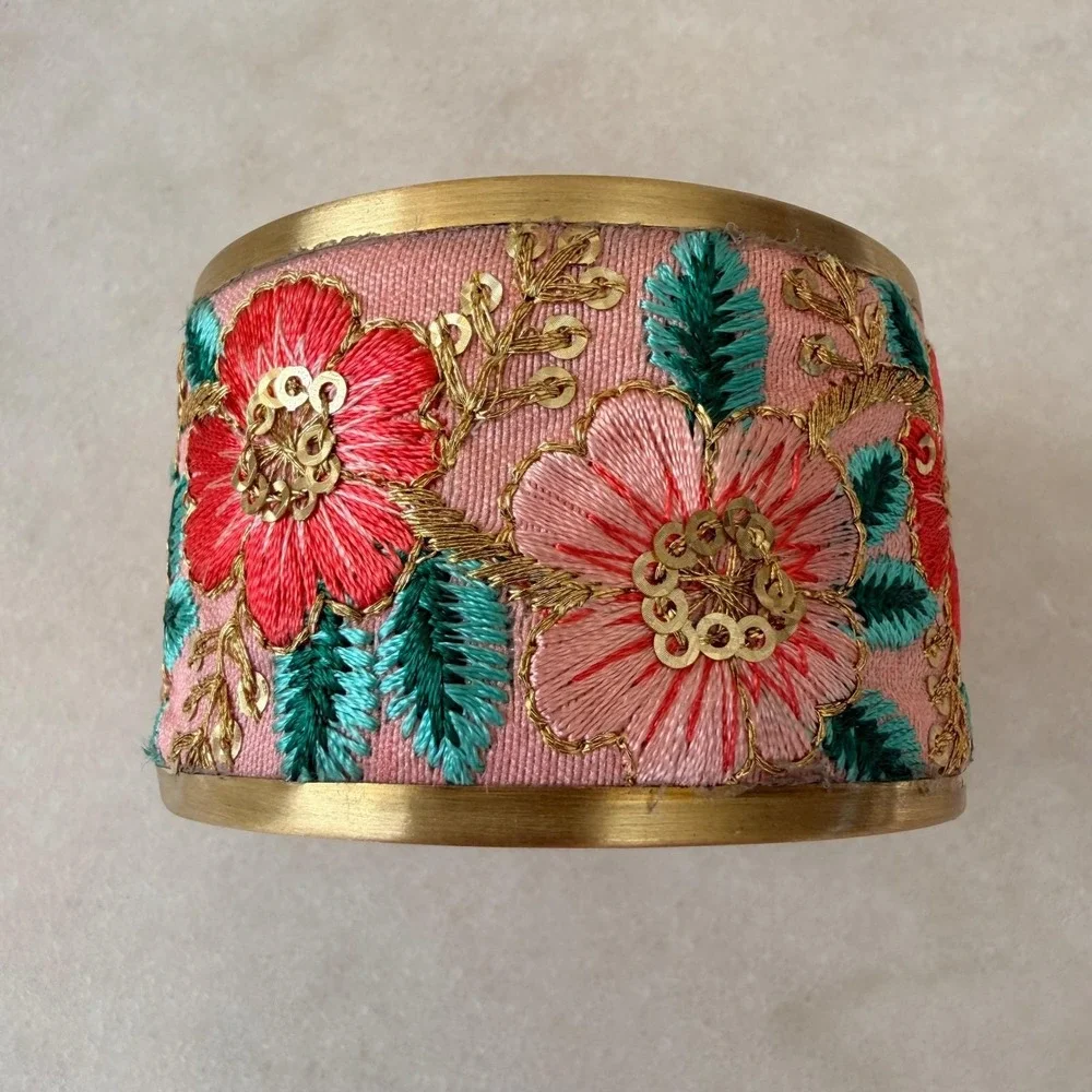 Bohemian Floral Embroidered Wide Cuff Bracelet Gold Tone Pink Sequin Statement